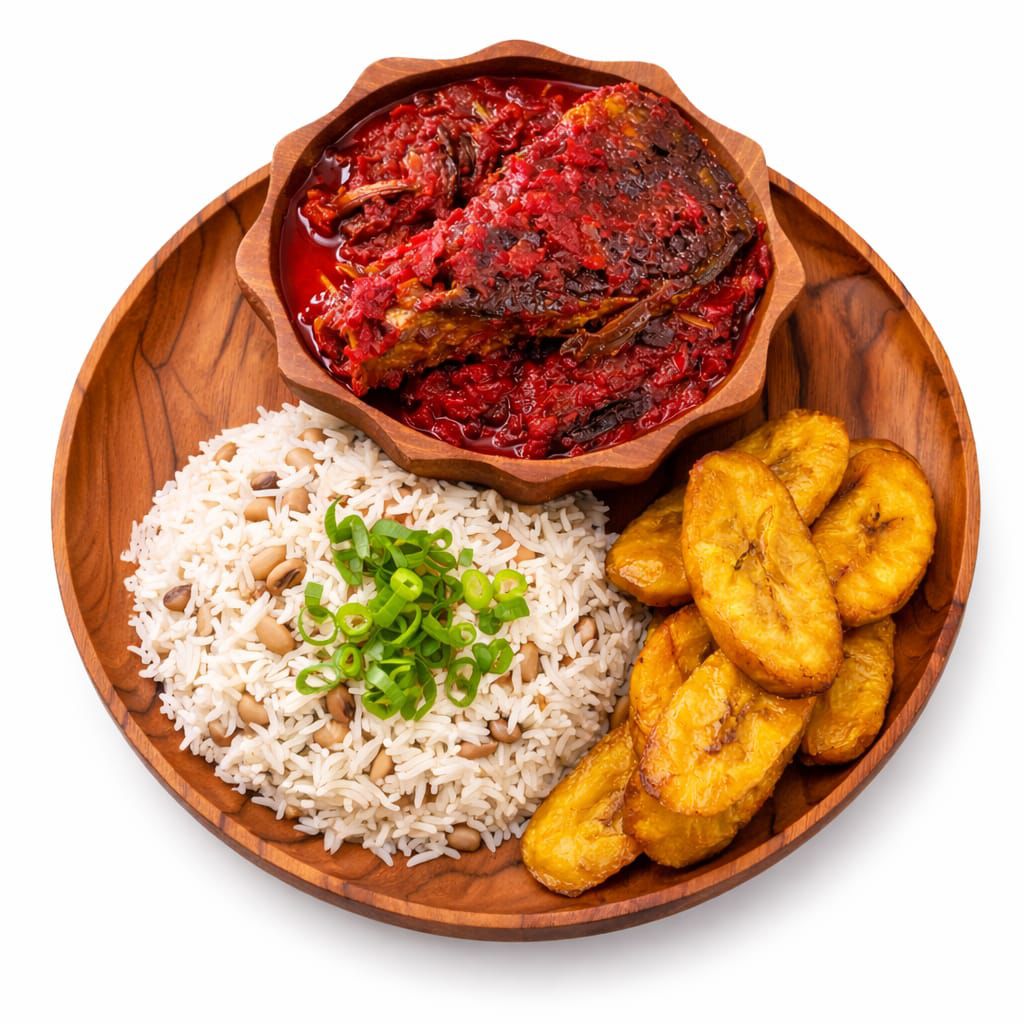 Rice, plantain, and red stew on a wooden plate